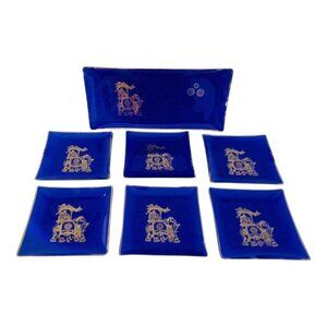 Mid-Century Cobalt Blue & Gold Royal Appetizer Trays, Set of 7